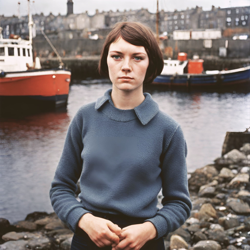 AI generated using search term: working class young woman 1970,  short bob hairstyle, fishing port, scotland